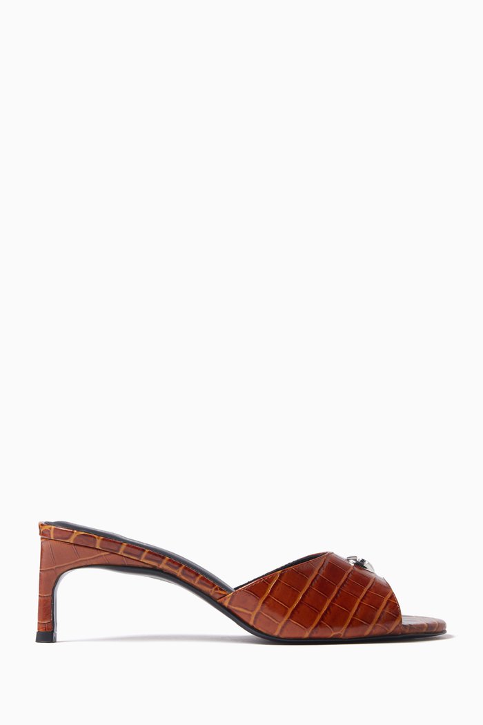 Low Logo Mules in Croc-embossed Leather, Brown