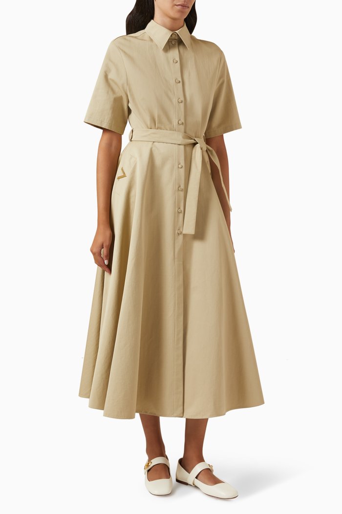 

Valentino Belted Midi Dress in Cotton-linen, Neutral