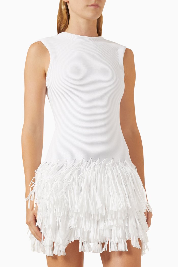 

Rushes Fringe Mini Dress in Knit, White