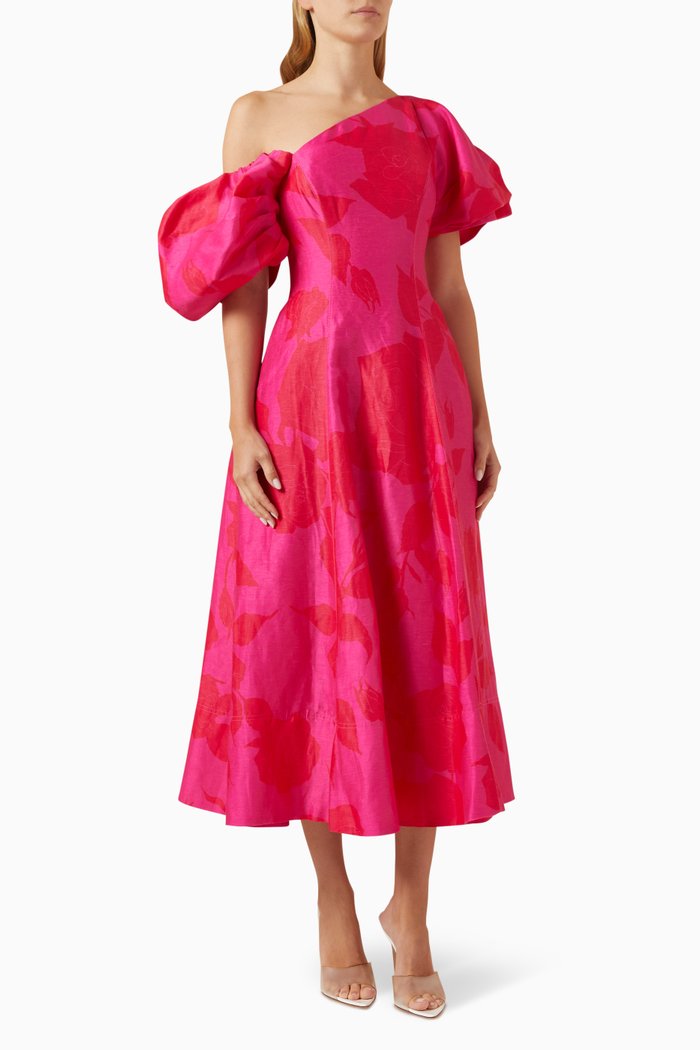 

Arista Tulip-sleeve Midi Dress in Linen-blend, Pink