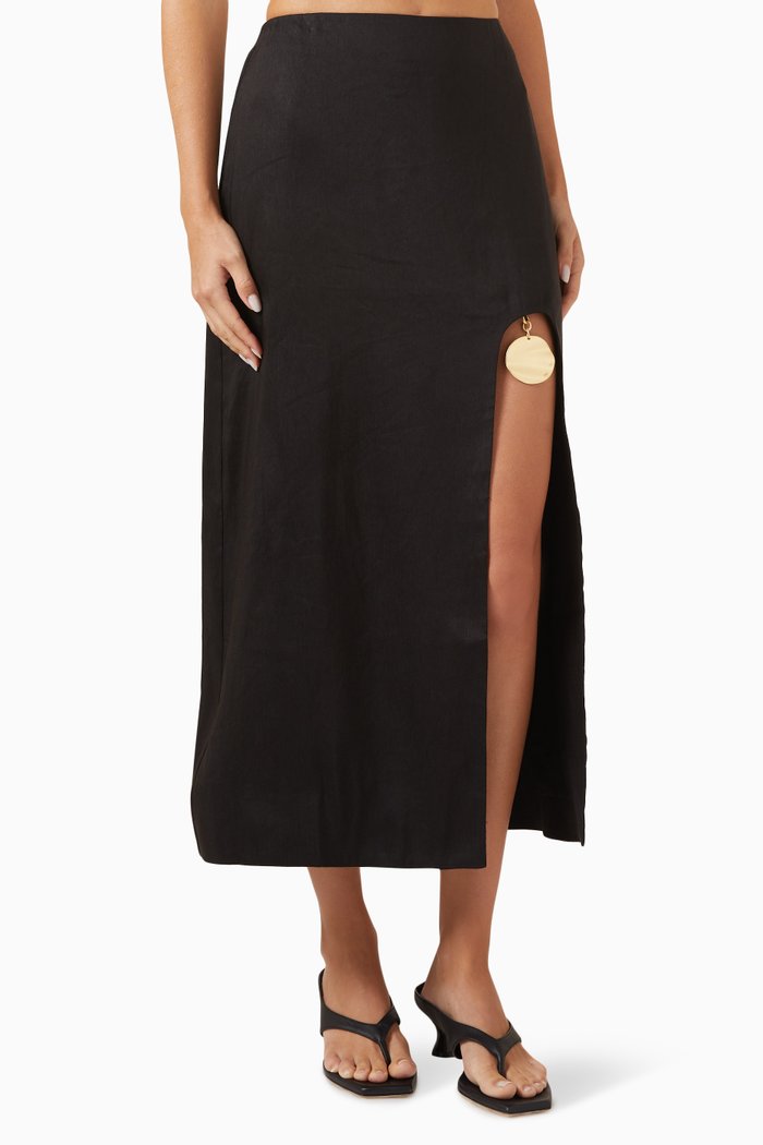 

Adelaide Pendant Midi Skirt in Linen-blend, Black