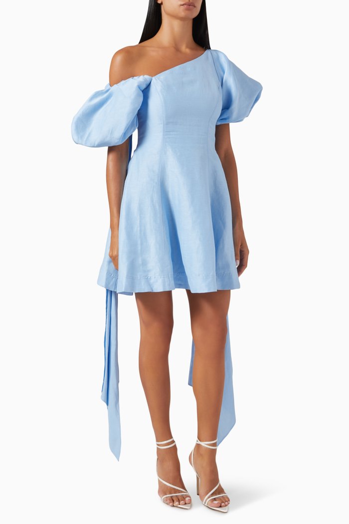 

Arista Tulip-sleeve Mini Dress in Linen-blend, Blue