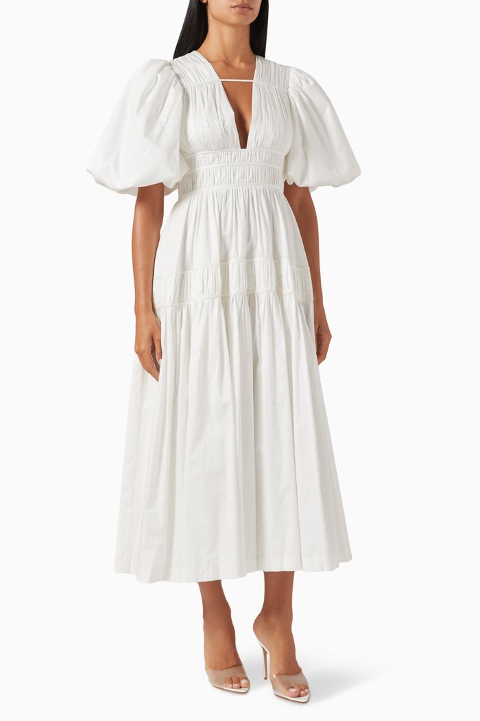 

Fallingwater Ruched Midi Dress in Cotton, White