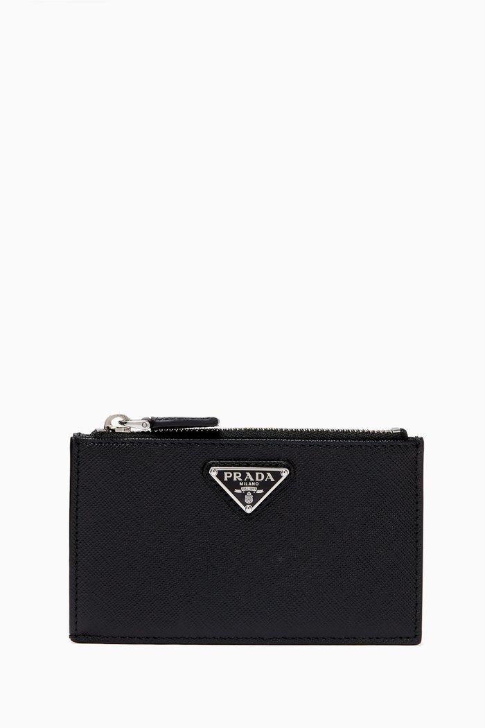 

Enamelled Logo Card Holder in Saffiano Leather, Black