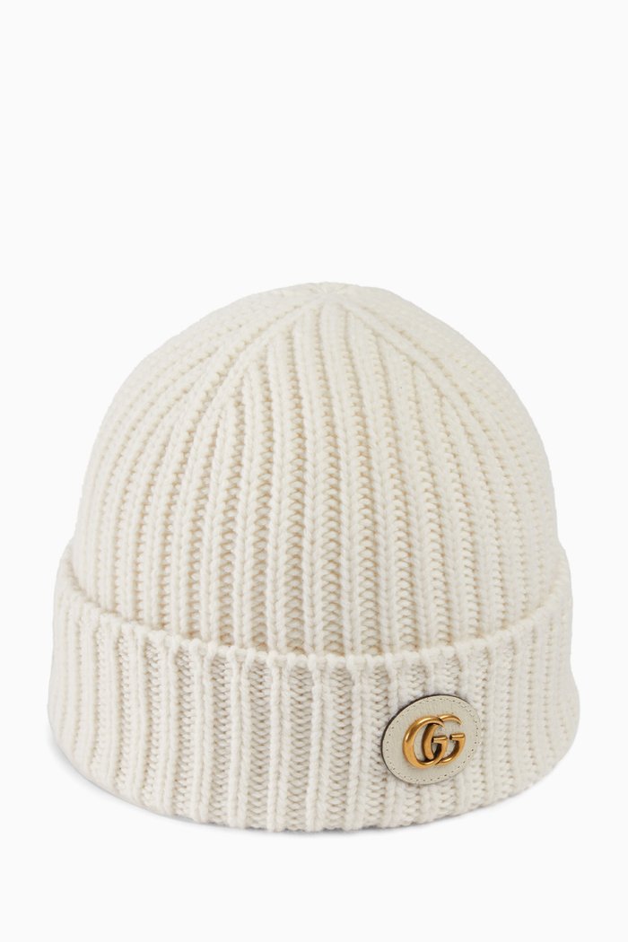 GG Ribbed Beanie in Wool-cashmere, White