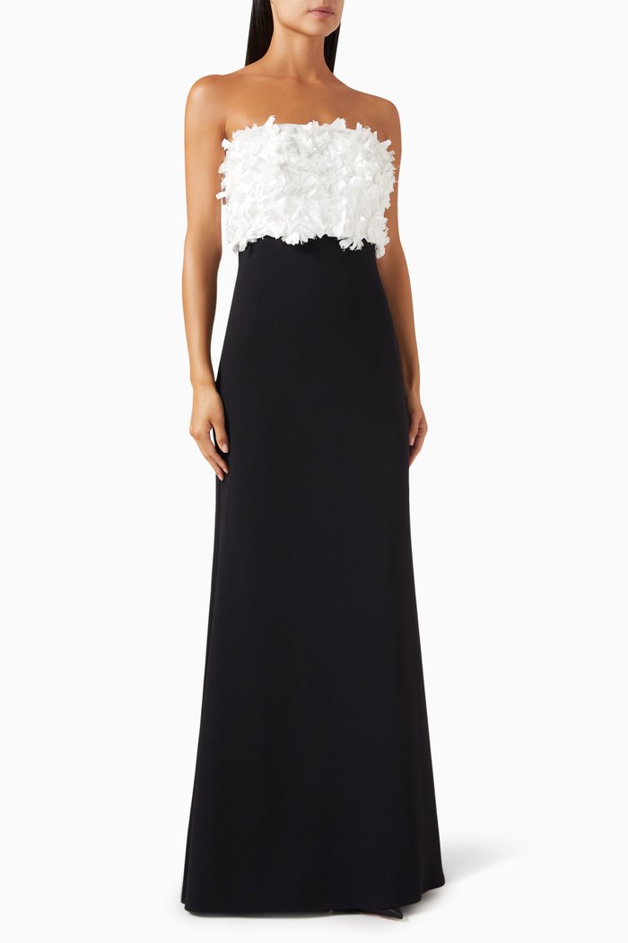 

Strapless Flower Maxi Dress in Crepe, Black