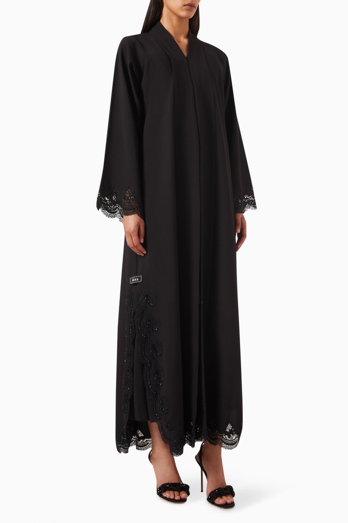 

Lace-trim Abaya in Mixed Linen, Black