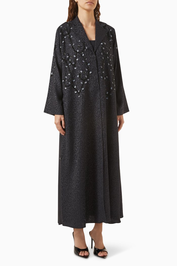 

Bead Embellished Abaya in Jacquard, Black