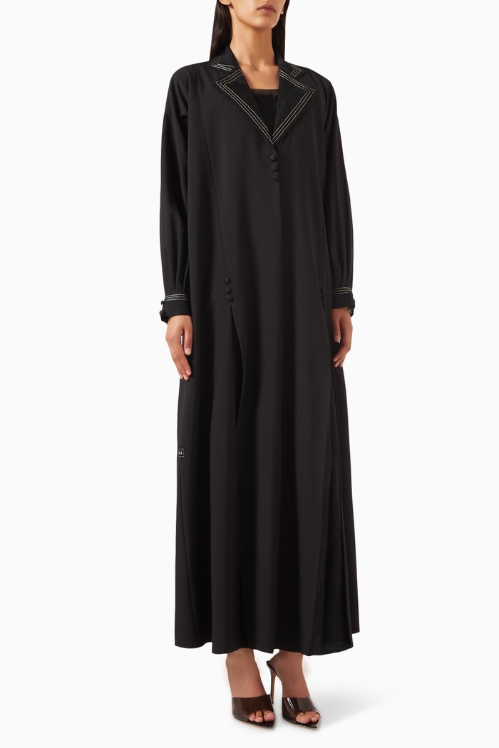 

Coat-style Embroidered Abaya in Mixed Crepe, Black