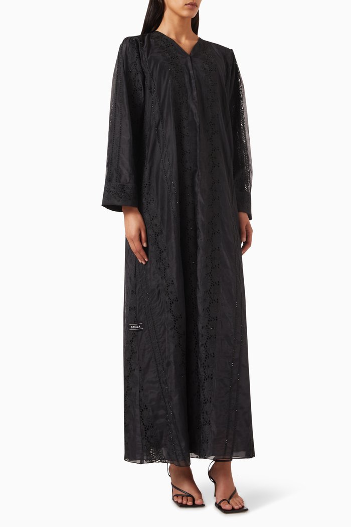 

Beaded & Lace Embroidered Abaya in Organza, Black