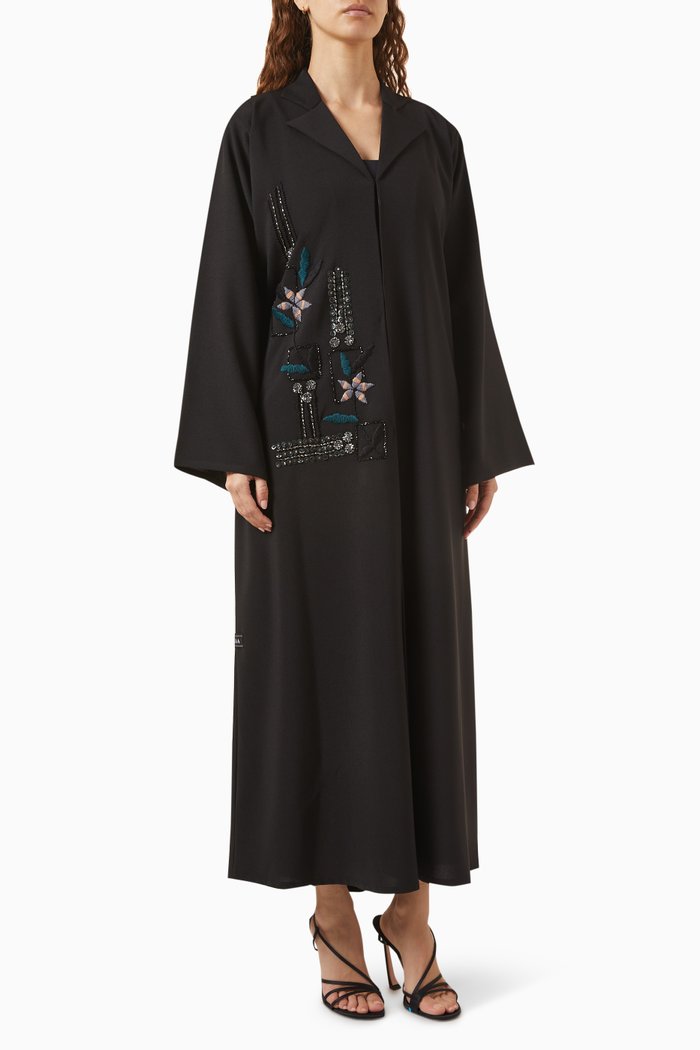 

Floral-embellished Abaya in Mixed Linen, Black