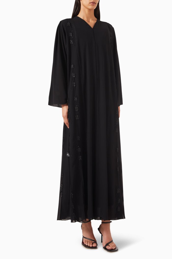 

Lace & Bead Embroidered Abaya in Double Chiffon, Black