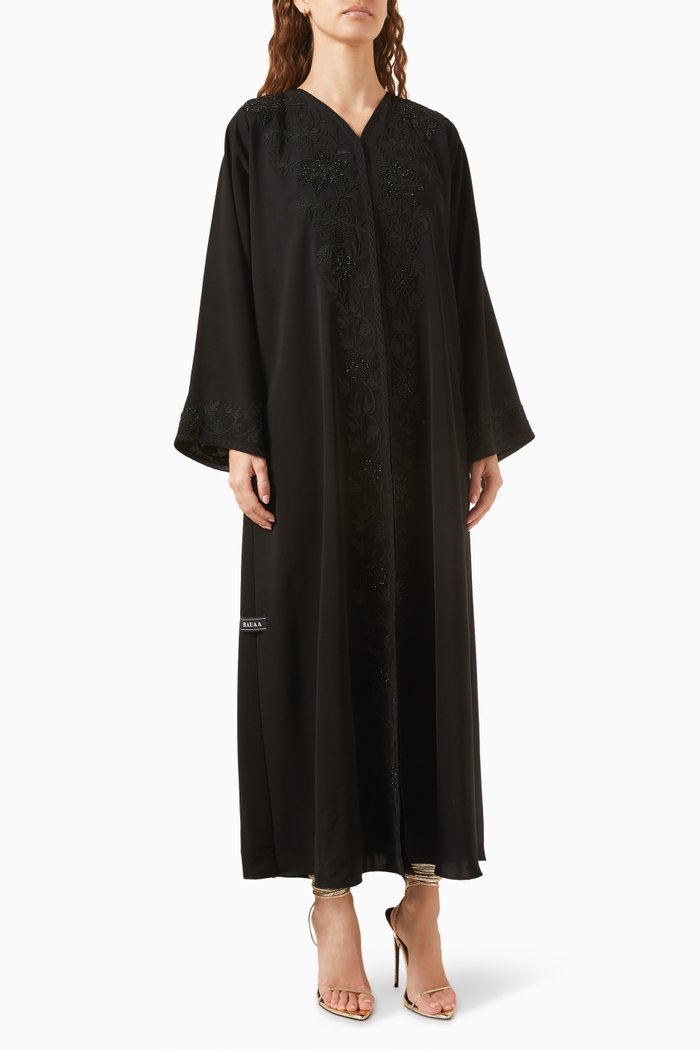 

Floral Thread & Bead Embroidery Abaya in Crepe, Black