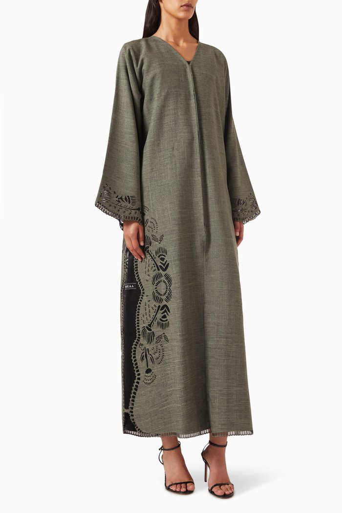 

Laser-cut Floral Abaya in Mixed Linen, Green