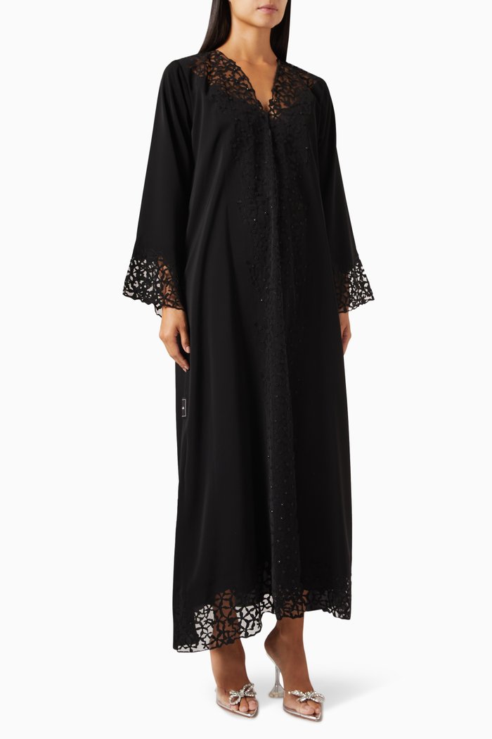 

Laser-cut Bead-embroidered Abaya, Black