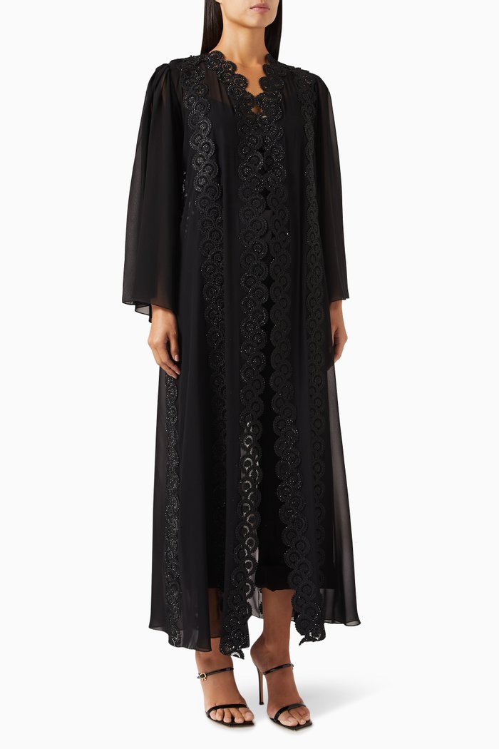Lace Embroidered Abaya in Double Chiffon, Black