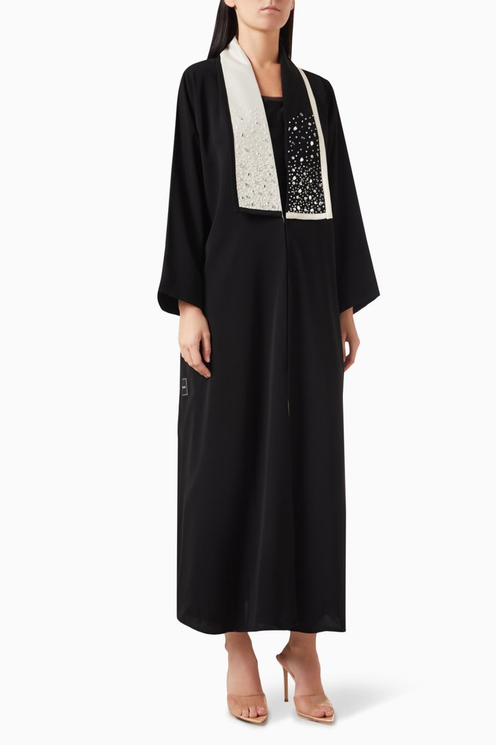 

Bead & Stone-embellished Abaya in Crepe, Black