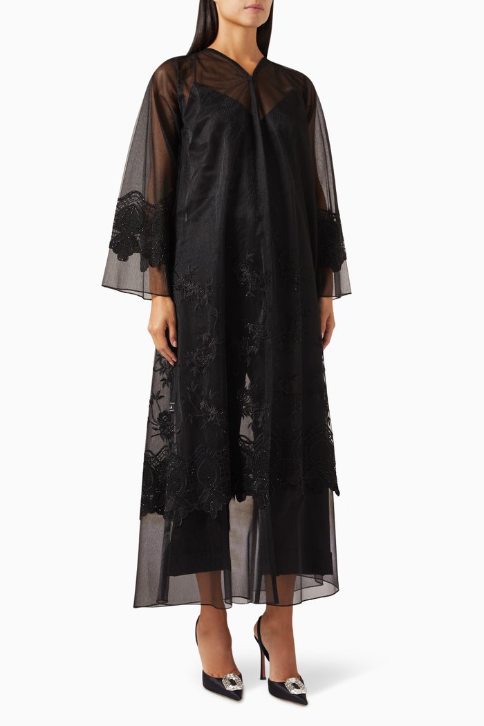 Embroidered Sheer Abaya in Tulle, Black