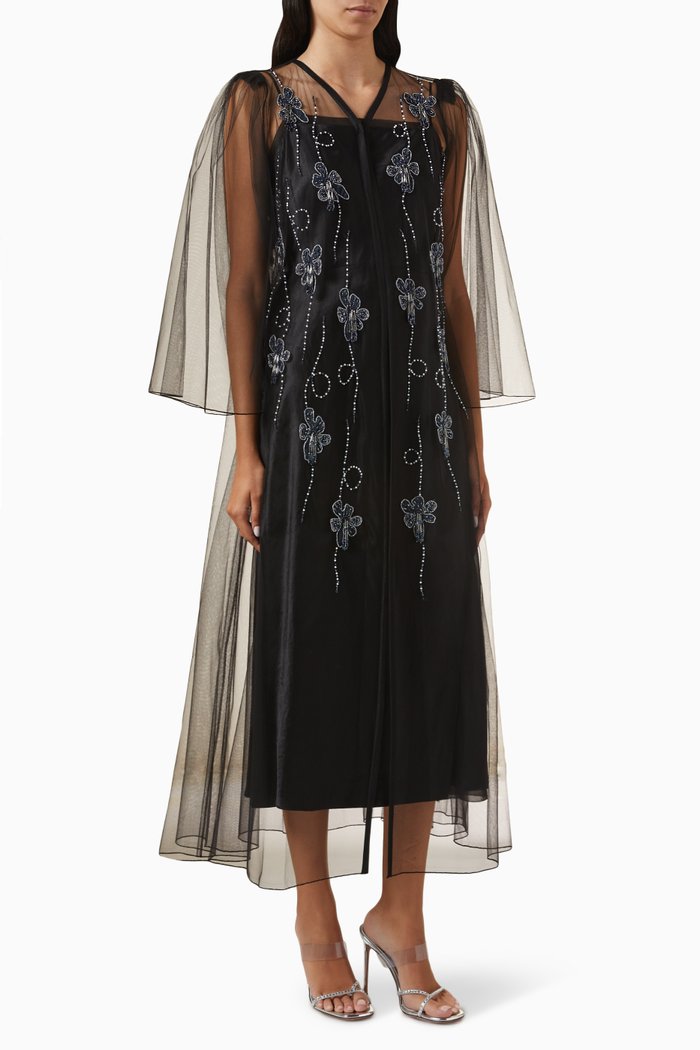

Bead-embellished Abaya in Tulle, Black
