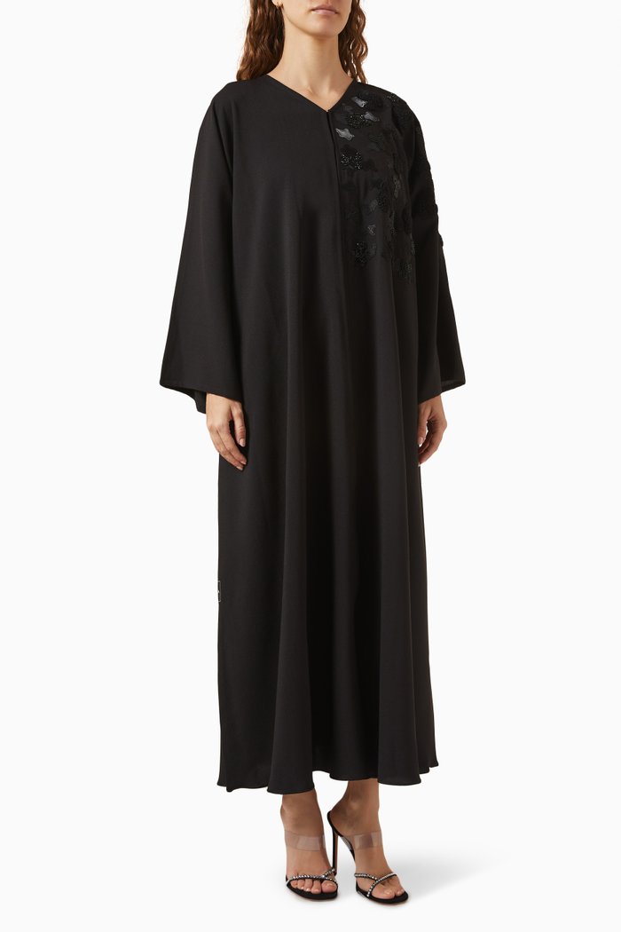 

Beads & Leather Patch Embroidery Abaya in Crepe, Black