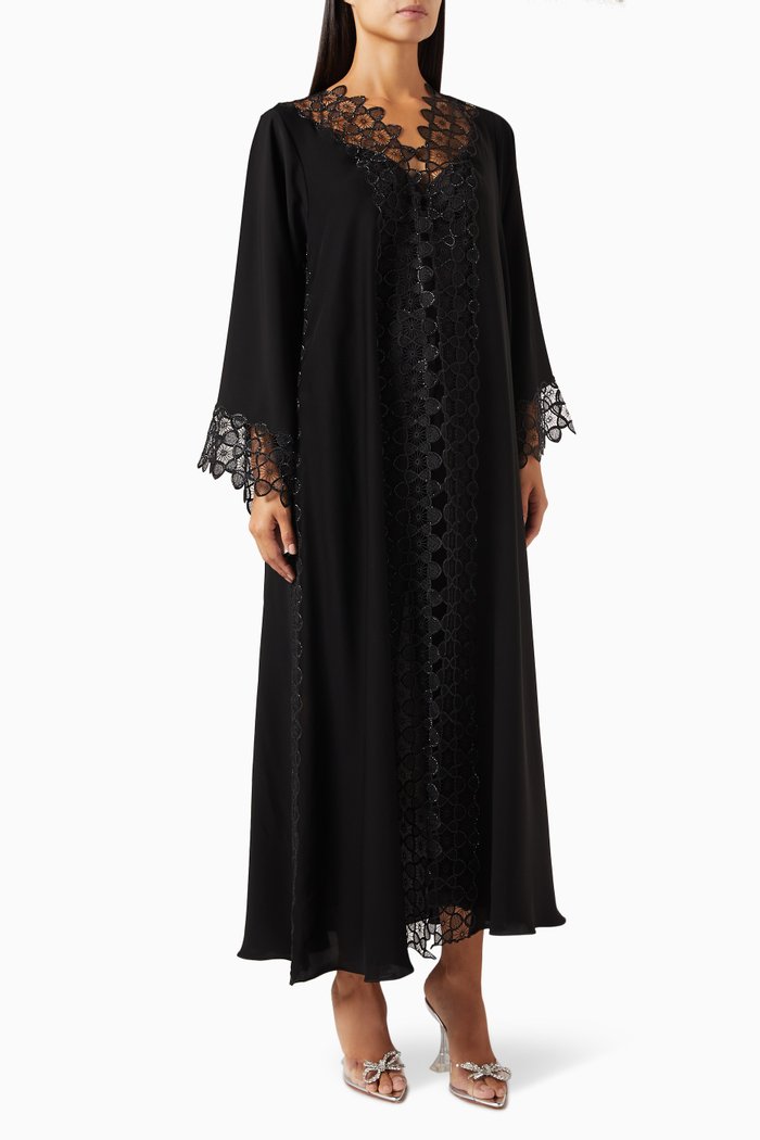 

Floral-lace Embroidered Abaya, Black