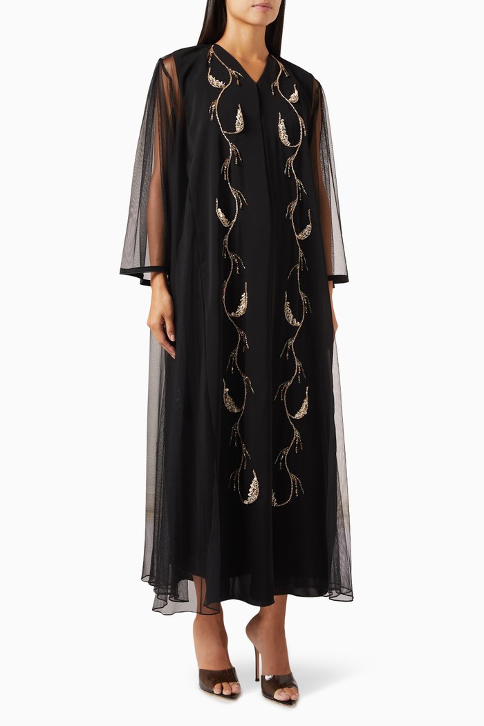 

Bead-embellished Abaya in Tulle & Crepe, Black