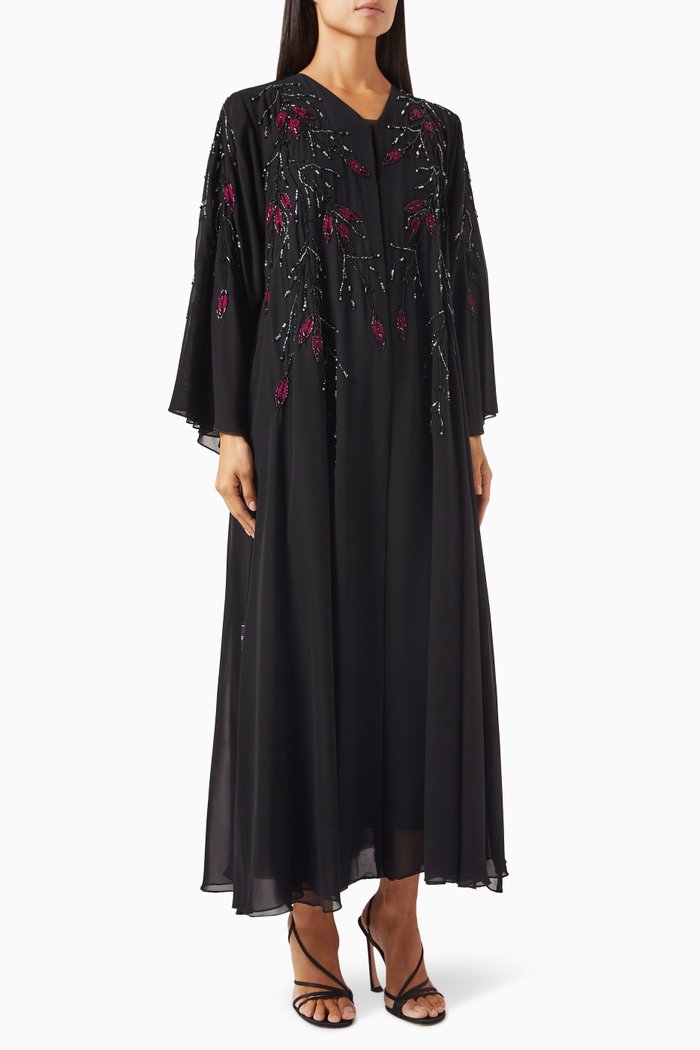Bead-embroidered Abaya in Chiffon, Black