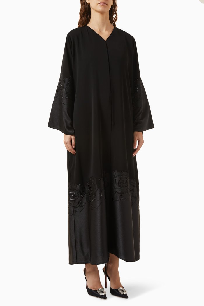 Floral Beaded Abaya in Mixed Linen & Satin, Black