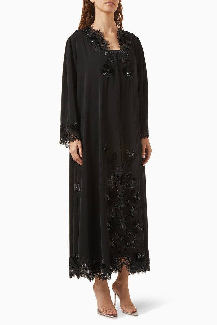 Beaded Lace-embroidered Abaya in Nada, Black