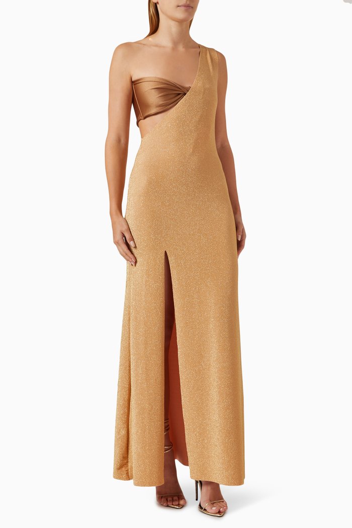 

Regina One-shoulder Maxi Dress in Glitter Lycra, Gold