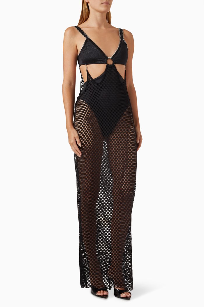 Beso Maxi Dress in Lycra & Mesh, Black
