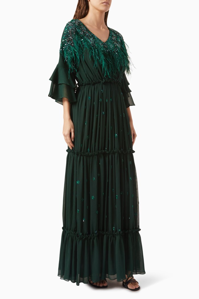 

Feather-embellished Kaftan in Crepe, Green