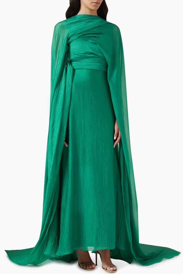 

Ruched Cape-sleeve Gown, Green