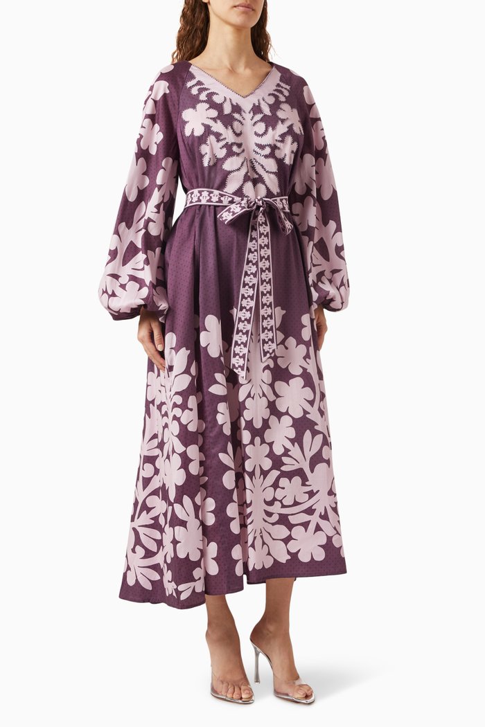 

Auli Floral Belted Midi Dress in Cotton, Purple