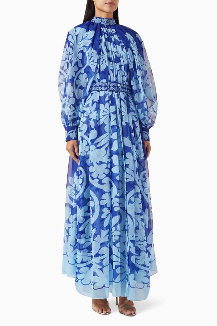 

Auli Floral Belted Maxi Dress in Chiffon, Blue