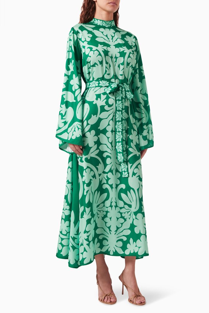 

Auli Floral Belted Midi Dress in Cotton-silk, Green