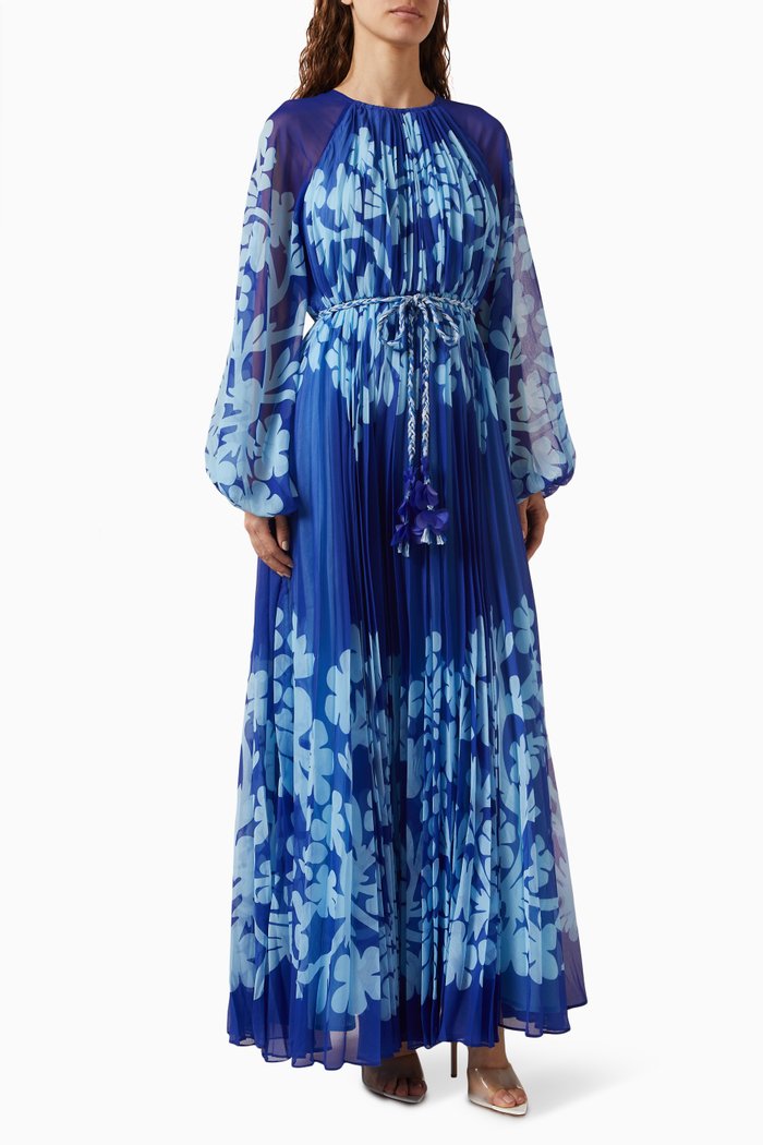 

Auli Floral Belted Maxi Dress in Chiffon, Blue