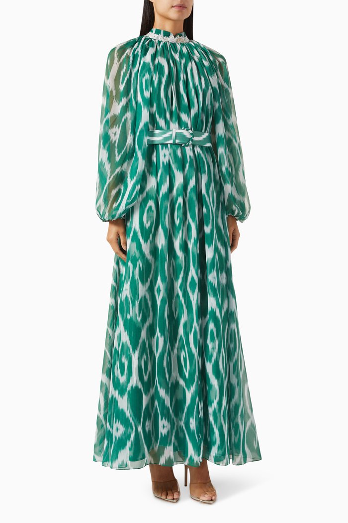 

Philomena Printed Belted Maxi Dress in Chiffon, Green