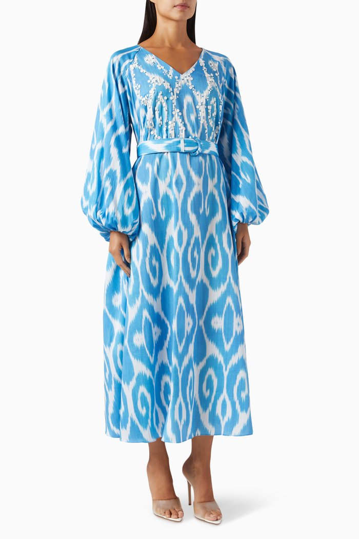 

Philomena Printed Belted Midi Dress in Cotton, Blue
