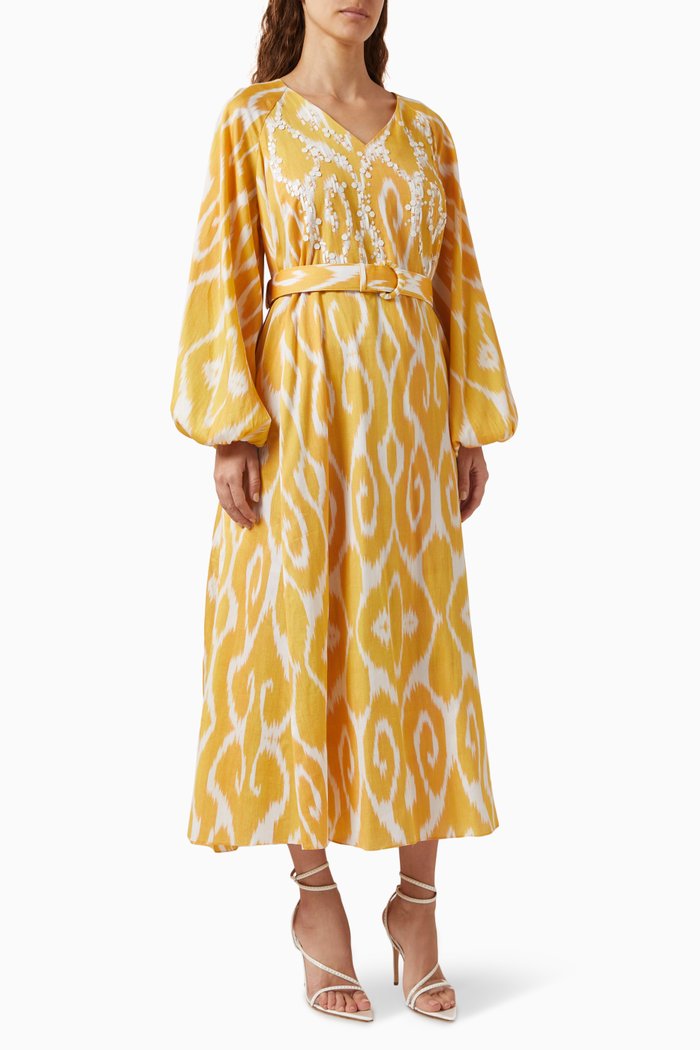 

Philomena Printed Belted Midi Dress in Cotton, Yellow