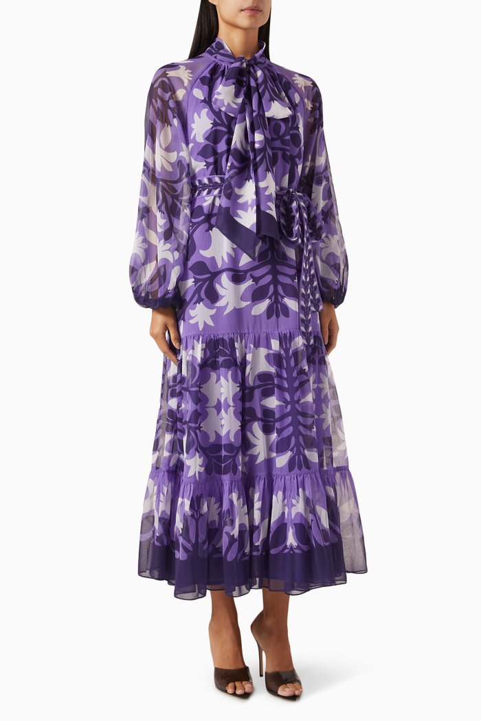 

Moana Floral-print Midi Dress in Chiffon, Purple
