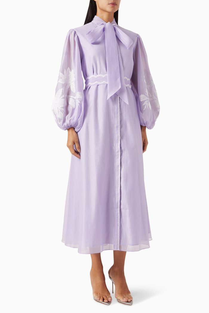 

Alani Bow-neck Midi Dress in Satin, Purple