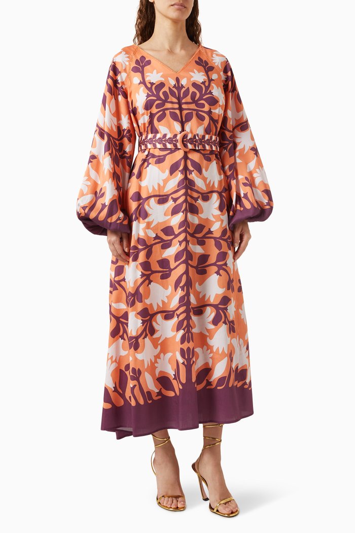 

Moana Floral-print Midi Dress in Cotton, Orange