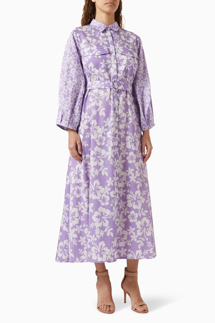 Lana Floral Belted Midi Dress in Cotton, Purple