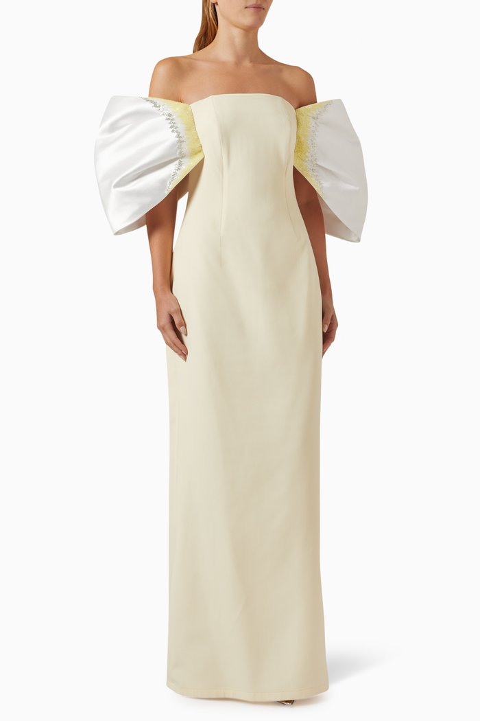 

Off-shoulder Embellished Gown in Stretch Crepe, Yellow