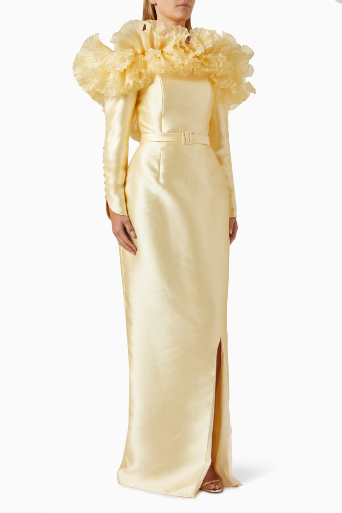 

Ruffle-trim Column Gown in Mikado Silk, Yellow