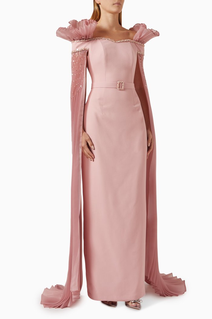 

Embellished Column Gown in Stretch Crepe, Pink