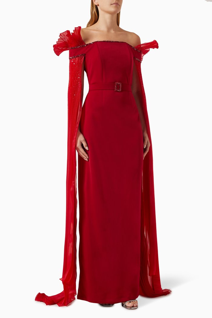 

Embellished Column Gown in Stretch Crepe, Red