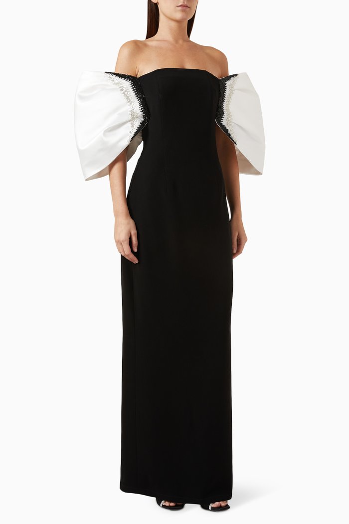 

Off-shoulder Bow-sleeves Gown in Stretch Crepe, Black