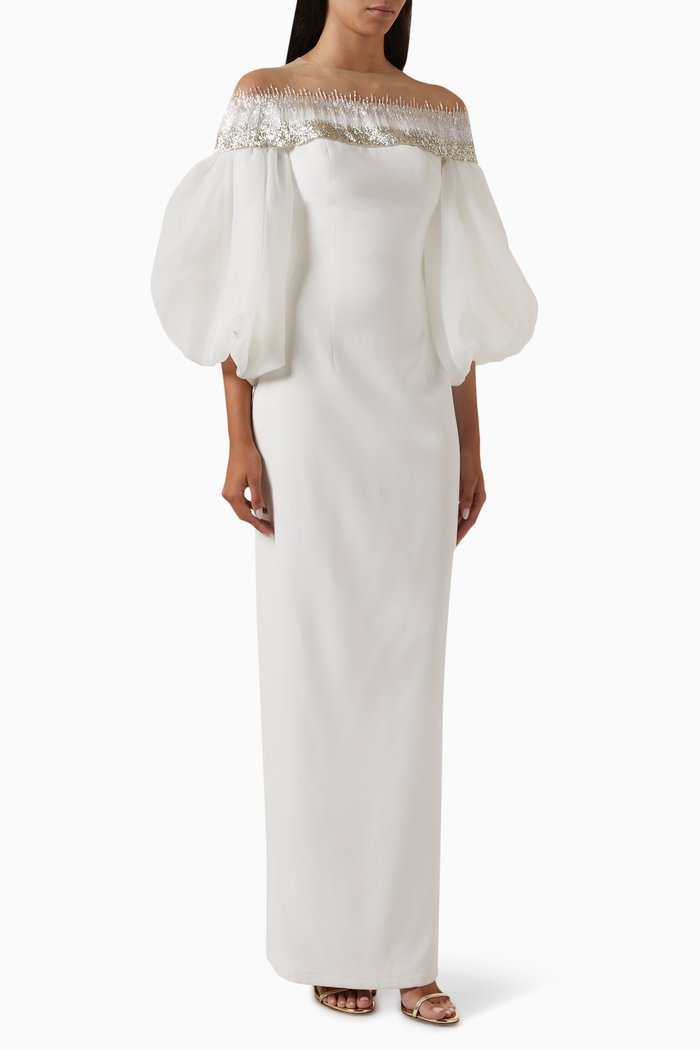 Crisantemo Embellished Dress in Stretch-crepe, Neutral